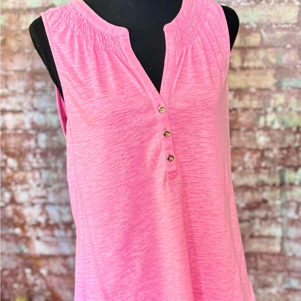 Lilly Pulitzer Bright Pink Sleeveless Henley Tank with Gold Buttons